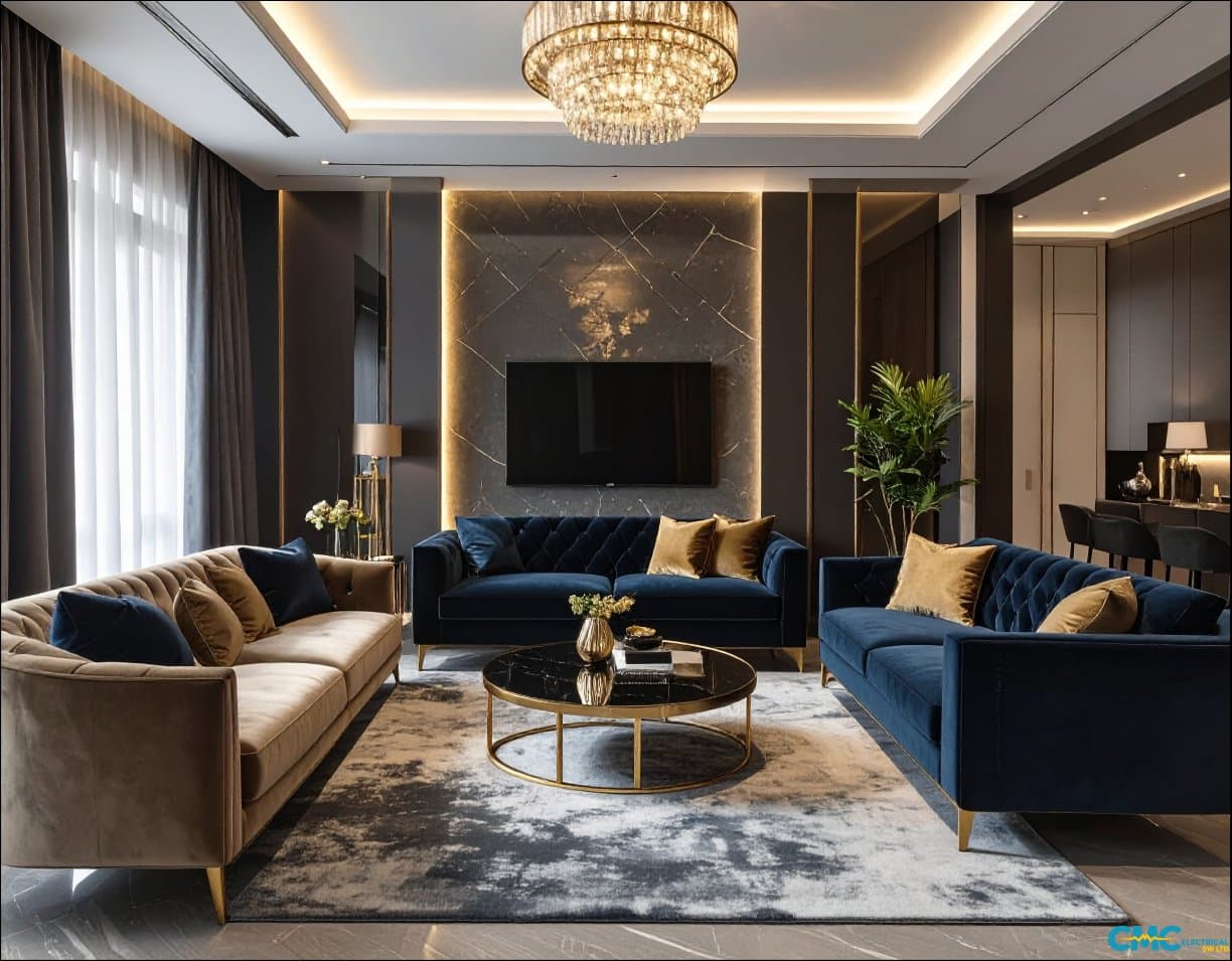 Modern living room with layered electrical lighting